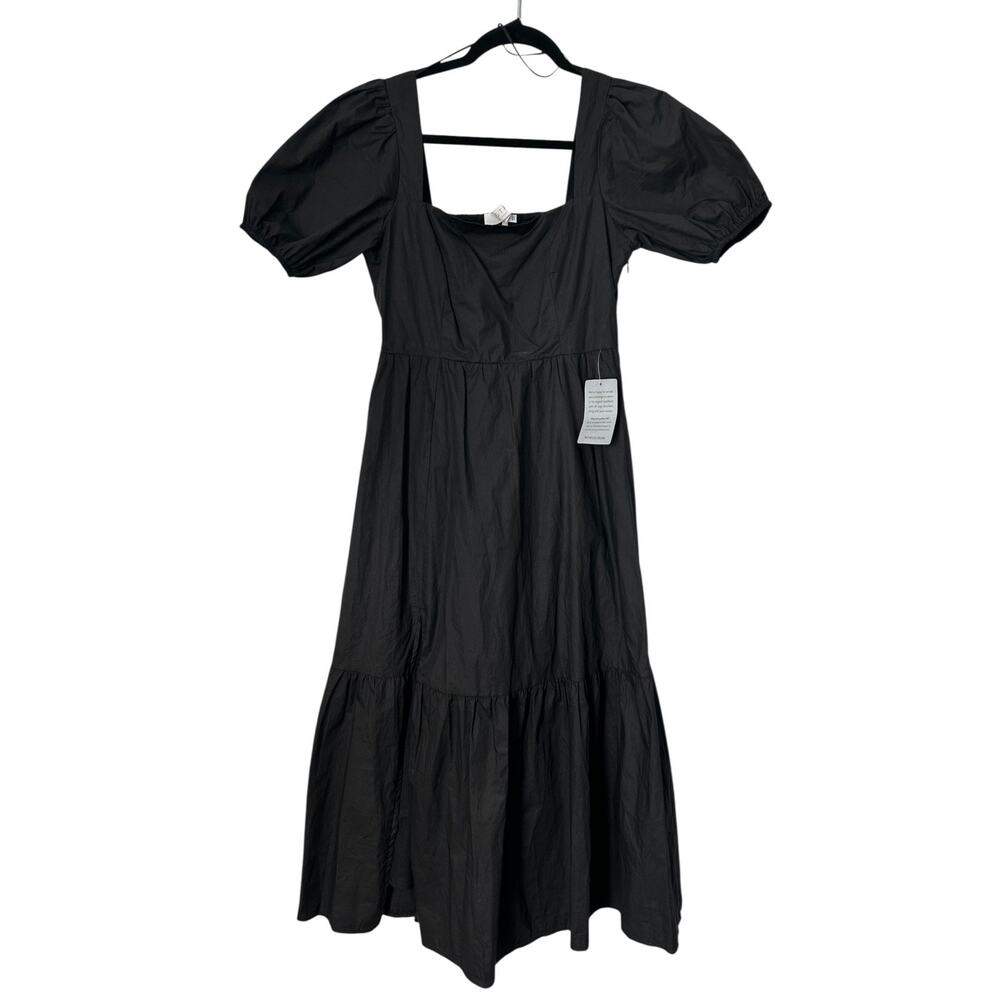 ASTR The Label Dress Womens Size Small Black Puff Sleeve Tiered Poplin Midi Boho